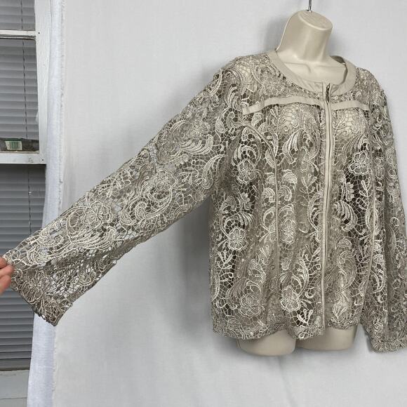 Chicos Open Lace Jacket Cardigan Size 3 Beige Tan Sheer Crochet Lace Dressy XL - Picture 6 of 13